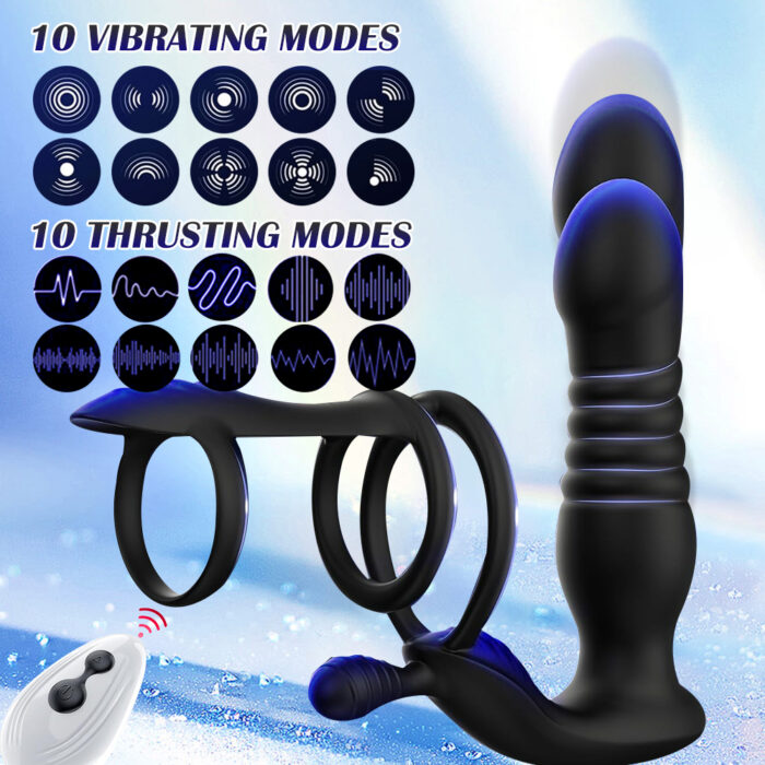 Thrusting Cock Ring Vibrator Anal Butt Plug Prostate Massager Remote USB Sex Toy